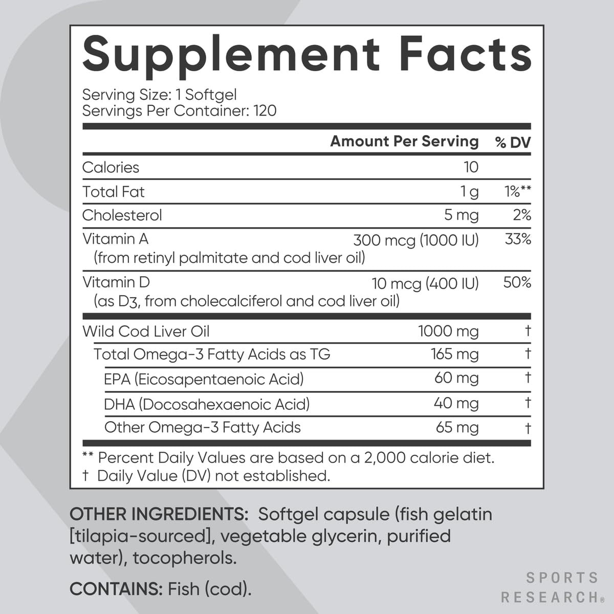 Sports Research® Omega-3 Wild Alaskan Cod Liver Oil 1000mg with Vitamins A (1000 IU) & D3 (400 IU) - Burpless, Bovine Free, Non-GMO, & MSC Certified Sustainable - 120 Softgels - Image 5